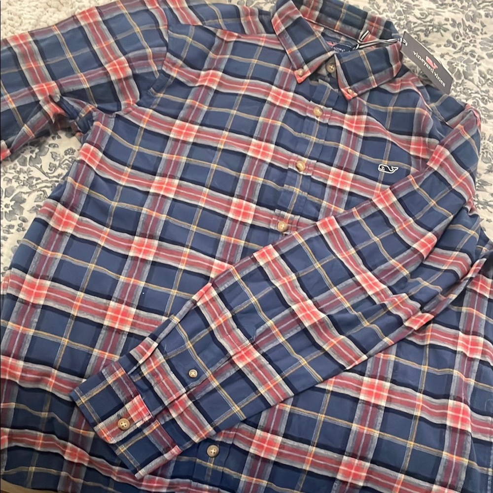 Vineyard Vines Casual Blue and Red Plaid Shirt